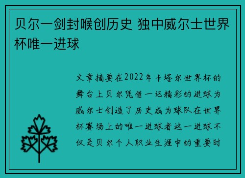 贝尔一剑封喉创历史 独中威尔士世界杯唯一进球 贝尔一剑封喉创历史 独中威尔士世界杯唯一进球