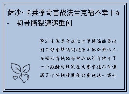 萨沙·卡莱季奇首战法兰克福不幸十字韧带撕裂遭遇重创